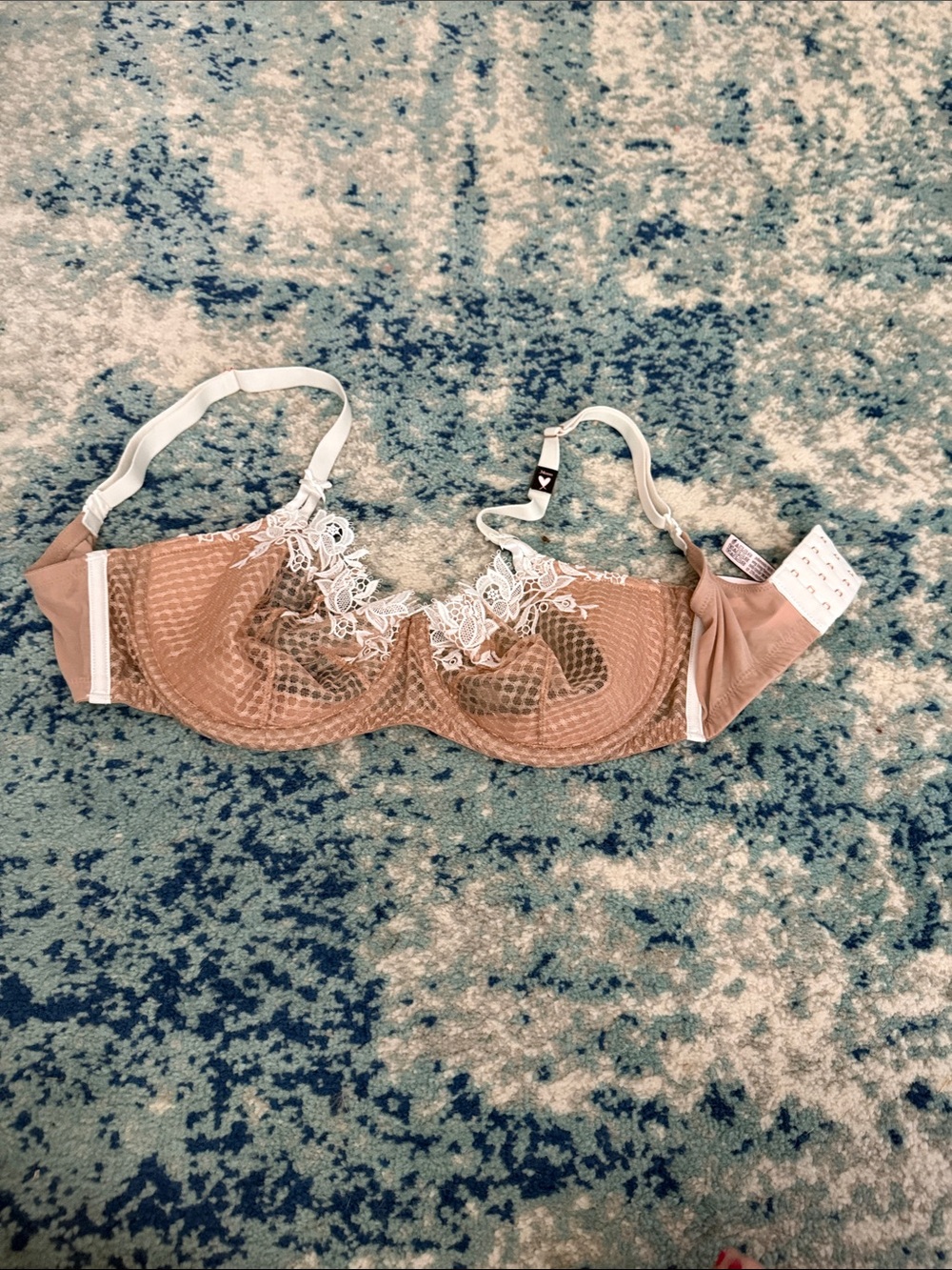 Victoria's Secret Blush Mesh Underwire Bra with White Lace Appliqué